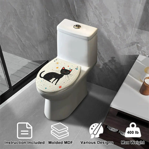 Slow Close Elongated Toilet Seat Resin Black Bathroom Replacement with cat design on molded MDF.