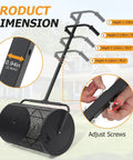 Compost Spreader 24 Inch Wide Peat Moss Spreader With U Shaped Handle Adjustable Height Powder Coated Metal Mesh Hand Fertilizer Spreader For Garden Yard Lawn Care Matte Black shown with adjustable handle dimensions and close-up of adjustments.