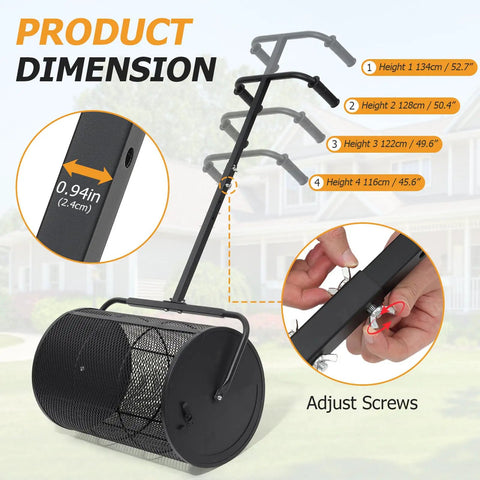 Compost Spreader 24 Inch Wide Peat Moss Spreader With U Shaped Handle Adjustable Height Powder Coated Metal Mesh Hand Fertilizer Spreader For Garden Yard Lawn Care Matte Black shown with adjustable handle dimensions and close-up of adjustments.