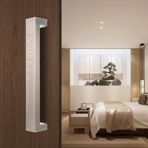 Shower And Barn Door Handle Set, Sliding Push Pull Glass Door Pulls, Large Rectangle Gate Rod With Pattern Carve In Red Bronze