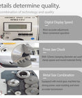 Jaryannix 7X12 Inch Mini Metal Benchtop Lathe With Variable Speed Control Digital Display 600W Brushless Motor showing digital display and three jaw chuck.