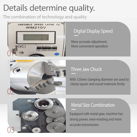 Jaryannix 7X12 Inch Mini Metal Benchtop Lathe With Variable Speed Control Digital Display 600W Brushless Motor showing digital display and three jaw chuck.