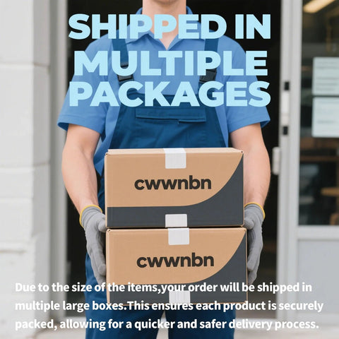 Delivery person holding two cardboard boxes labeled "cwwnbn" with a text overlay "Shipped in Multiple Packages".