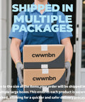 Delivery person holding two cardboard boxes labeled 'cwwnbn' at a doorway, text overlay 'Shipped in Multiple Packages'.