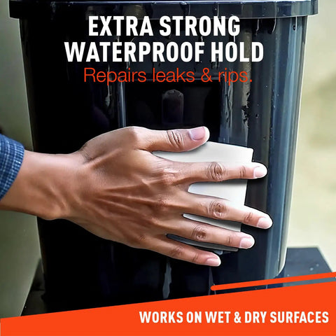 Person applying Heavy Duty Waterproof Tape For Leaks Tough As Nails All Weather Sealant to a black surface for outdoor repairs