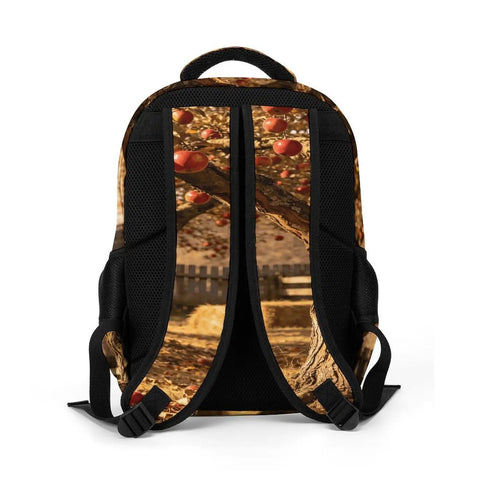 Back view of Autumn Apple Orchard Printed Unisex Backpack With Large Capacity and padded straps, apple orchard design