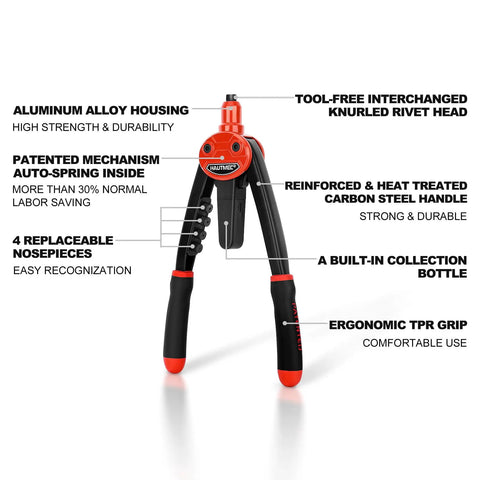 Heavy Duty Pop Rivet Gun 13 Inch Pro Hand Riveter With Automatic Rebound Spring For Easy Pulling And 5 Interchangeable Nosepieces To Fit 3Mm 4Mm 5Mm 6Mm Rivets On Metal Auto Sheet Rock DIY Projects with aluminum alloy housing and ergonomic grip.
