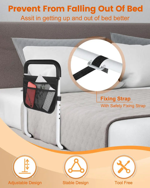 Heavy Duty Bed Assist Rail For Seniors Adjustable Side Rail With Storage Bag and Straps shown in bedroom setting