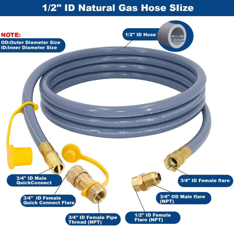 12 Feet Half Inch ID Natural Gas Hose With Quick Disconnect for BBQ grills pizza ovens patio heaters and more propane to natural gas conversion kit CSA certified, coiled view with brass connectors