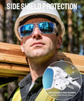 Tough As Nails Wraparound Safety Sunglasses Featuring Detachable Side Shields Impact Resistant Tinted Lenses blocking wind and debris worn by a man at a worksite.