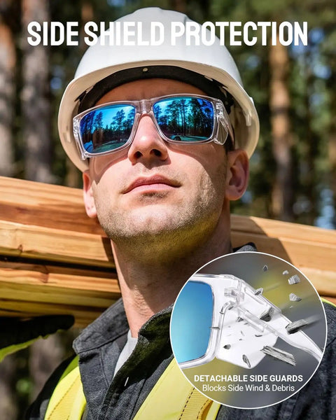 Tough As Nails Wraparound Safety Sunglasses Featuring Detachable Side Shields Impact Resistant Tinted Lenses blocking wind and debris worn by a man at a worksite.
