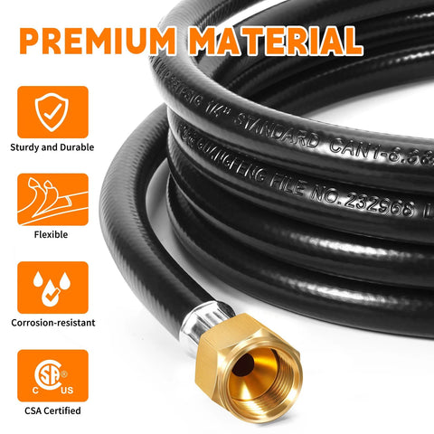 Close-up of GasSaf 5ft propane regulator hose with brass connector, black flexible coil.