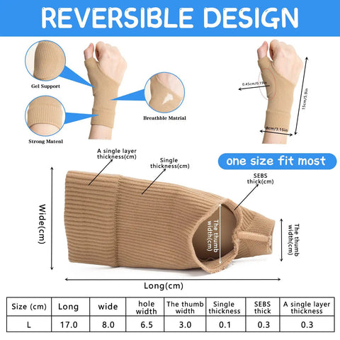 Thumb Arthritis Compression Gloves With Soft Gel Pads displayed with size and material details, beige and reversible design
