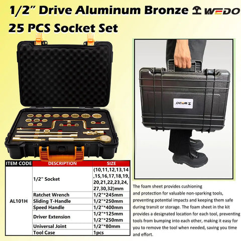 Spark-Free Aluminum Bronze 25-Piece Tools Kit in open case, showing sockets, ratchet wrench, T-handle, inlay foam insert.