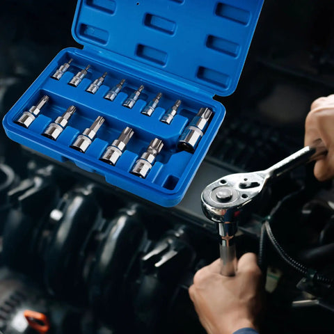 13 Piece Torx Socket Set T8 To T60 With One Quarter Inch Three Eighth Inch And One Half Inch Drives S2 Steel And CRV Construction