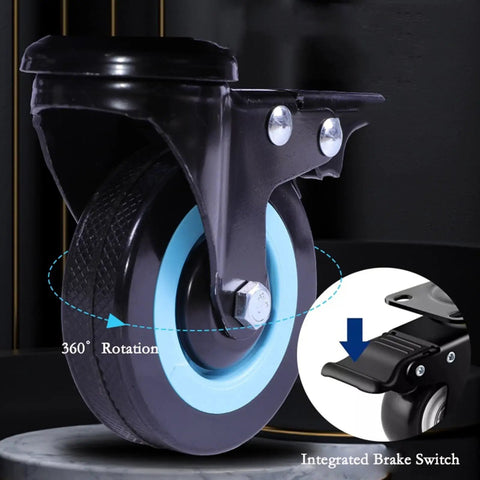 Close-up of a black caster wheel with blue trim featuring 360° rotation and integrated brake switch for the 24 Inch Straight Up Heavy Duty Industrial Electric Floor Fan Rolling On Caster Wheels For Built Like A Tank Durability And Kickin Up Major Workshop Warehouse Cooling Performance.