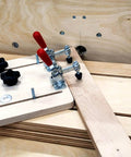 40kg Quick Release Toggle Clamp With Left Right Operation For Woodworking Jigs, set up on wooden jig for secure holding.