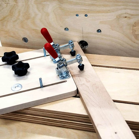 40kg Quick Release Toggle Clamp With Left Right Operation For Woodworking Jigs, set up on wooden jig for secure holding.