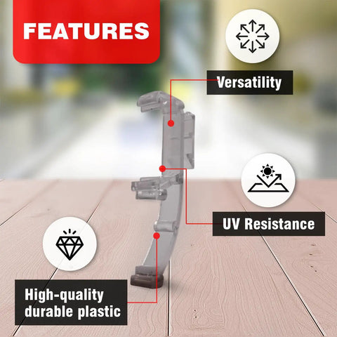 Premium Clear Double Slat Valance Clips To Tuck Away Mini Blind Brackets, side view showing UV resistance and durable plastic material.