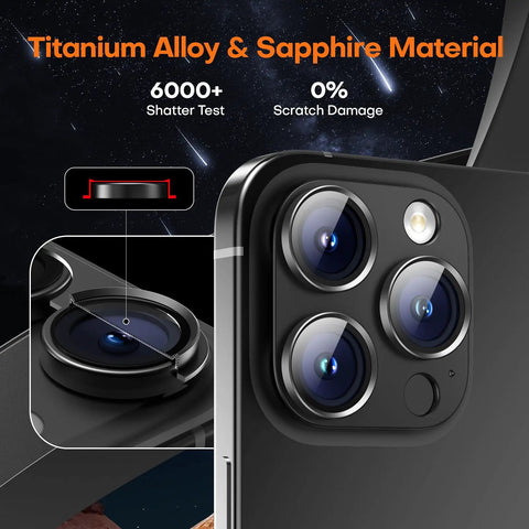 Close-up of One Piece Armor Camera Lens Protector For iPhone 16 Pro Max 16 Pro 15 Pro Max 15 Pro 14 Pro Max 14 Pro Aluminum Alloy Tempered Glass Nano Adhesive Case Friendly Black Titanium showing lens coverage and titanium material with weathered background highlighting shatter test.