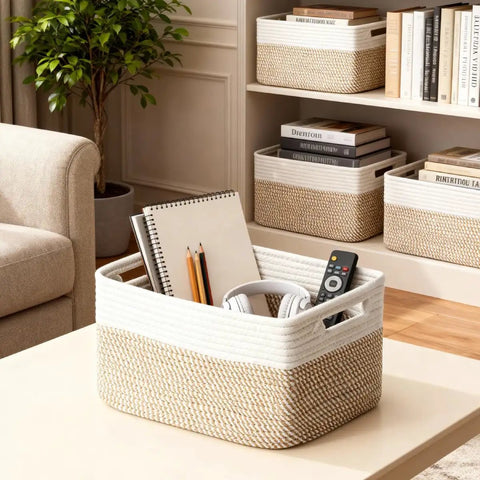 Set Of Five Premium Cotton Rope Woven Storage Baskets Decorative Organizer Bins For Nursery Closet Shelf Kid And Pet Safe Soft Edges Clean Setup Vibe Real Deal Smooth Finish
