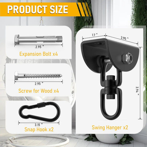 Beefy Heavy Duty Hammock Hanging Kit With 1200 Pound Capacity And 360 Degree Swivel For Hammock Chairs Tree Swings Yoga Swings showing components and measurements.
