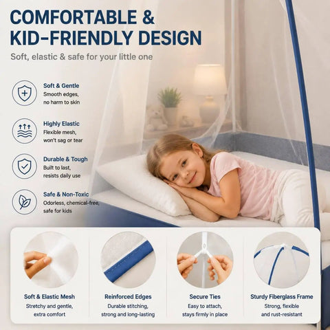 Pop Up Mosquito Net For Bed With Full Bottom Coverage And Double Door Design, Easy Setup With Bottom Tie Straps, image showing kid-friendly design