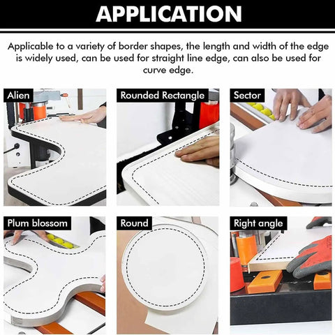 Portable Edge Bander For Woodworking With Curve And Straight Line Bonding Dual Side Glue Application Adjustable Speed 5 To 10 M Per Minute Lightweight Yet Heavy Duty Desktop Edge Bander For On The Go Crafting And Furniture Projects showing various edge applications