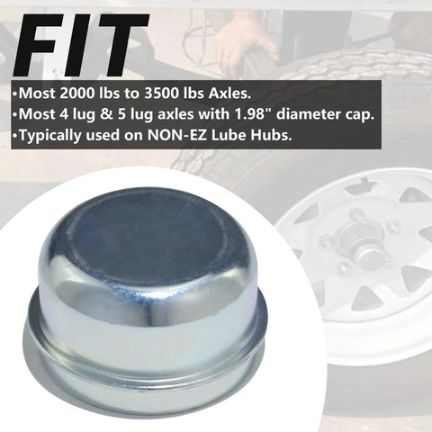 Beefy Four Pack Trailer Axle Dust Cap Cups 1.98 Inch Hub Grease Covers For Most 2000 To 3500 Pound Dexter Axles, shown on hub
