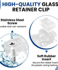 Premium Clear Glass Retainer Clips With Corrosion Proof Stainless Screws Twenty Five Pack close-up of durable stainless steel screw and rubber insert