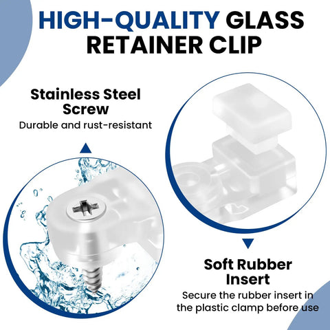 Premium Clear Glass Retainer Clips With Corrosion Proof Stainless Screws Twenty Five Pack close-up of durable stainless steel screw and rubber insert