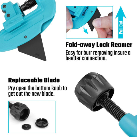 Close-up of Tubing Cutter For Copper, Aluminum, Brass, And Plastic Tubing 1/8 To 1-1/4 Inch Quick Acting Cutter with reamer and blade