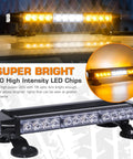 Double Sided 30 LED Strobe Light Bar With Ultra Bright Amber And White Emergency Beacon Magnetic Roof Mount Boss Level Hazard Warning Light For Trucks Vehicles SUVs And Vans displayed on a vehicle.