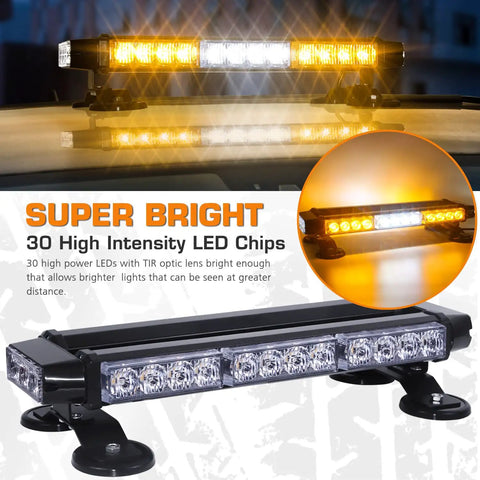 Double Sided 30 LED Strobe Light Bar With Ultra Bright Amber And White Emergency Beacon Magnetic Roof Mount Boss Level Hazard Warning Light For Trucks Vehicles SUVs And Vans displayed on a vehicle.