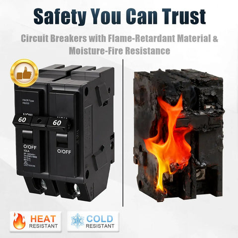 Heavy Duty 60 Amp Double Pole Circuit Breaker Direct Fit Replacement For SD Hom260 Load Center beside burnt circuit panel.