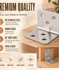 Close-up of 200 Pack Stainless Steel L Shape Corner Brackets With Screws, highlighting smooth edges and premium quality features.