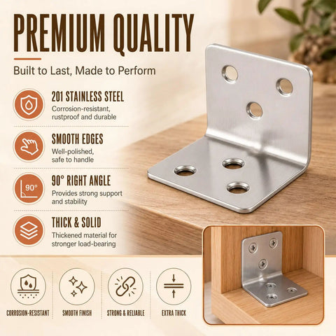Close-up of 200 Pack Stainless Steel L Shape Corner Brackets With Screws, highlighting smooth edges and premium quality features.
