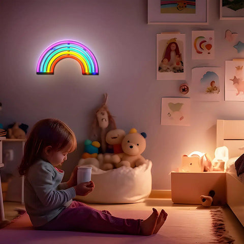 Rainbow Neon Light Sign For Bedroom LED Colorful Rainbow Wall Decor with USB or Battery in kids room on wall above toys