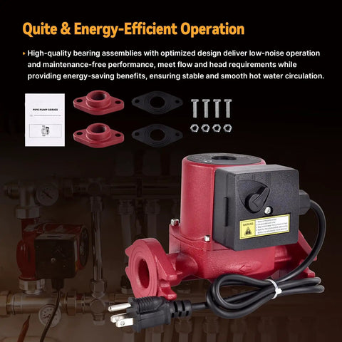 Level Up Your Hot Water Game With This Slick 22 GPM Circulator Pump For Fast Recirculation Three Speed Settings Bronze Build And Easy Plug And Play Install For Smooth Residential Plumbing Flow, featuring a close-up of the pump with power cord and mounting accessories.