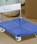 Top Notch 4 Pack 1.5 Inch Nylon Caster Wheels Level Up Your Home Setup With These Silent Swivel Brackets on a blue dolly cart.