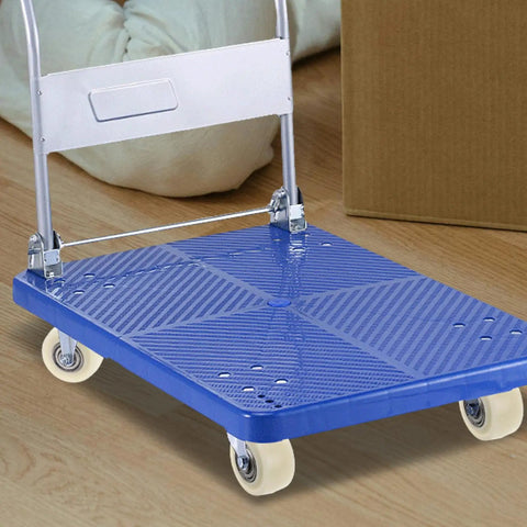 Top Notch 4 Pack 1.5 Inch Nylon Caster Wheels Level Up Your Home Setup With These Silent Swivel Brackets on a blue dolly cart.