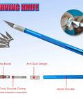Carving knife with blue metal handle and sharp replaceable blades from 20 In 1 Hobby Tools Kit For Adults With Nippers Tweezers Needle Files Polishing Bars Blades Knife All In One Model Making Set For Cars Planes Robots Miniatures DIY Repair And Fixes