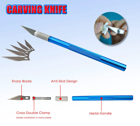 Carving knife with blue metal handle and sharp replaceable blades from 20 In 1 Hobby Tools Kit For Adults With Nippers Tweezers Needle Files Polishing Bars Blades Knife All In One Model Making Set For Cars Planes Robots Miniatures DIY Repair And Fixes