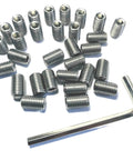 Durable 304 Stainless Steel Set Screws 30 Piece Pack Five Sixteenth Thread Twenty Four Per Inch Hex Socket Grub Screws With Allen Wrench For Machinery And Heavy Duty Hardware ZDingTech displayed with hex wrench for heavy-duty hardware use.
