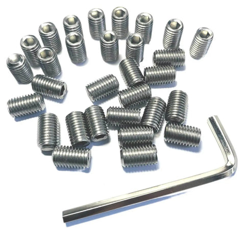 Durable 304 Stainless Steel Set Screws 30 Piece Pack Five Sixteenth Thread Twenty Four Per Inch Hex Socket Grub Screws With Allen Wrench For Machinery And Heavy Duty Hardware ZDingTech displayed with hex wrench for heavy-duty hardware use.