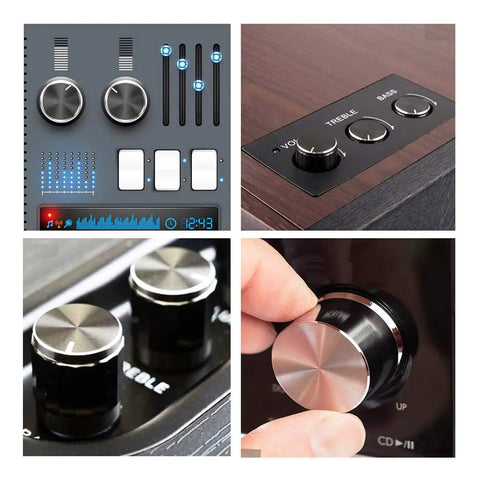 Close-up of aluminum knobs from 21Pcs Potentiometer Kit For DIYers With 7 Value Sets Three Pieces Each on audio gear