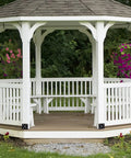 White gazebo with hanging flowers showing Beefy 4 Pack U Shape Post Anchors For Concrete 6x6 Post Base installed on corners.