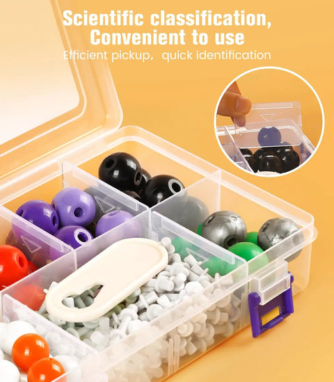 Portable Organic Chemistry Model Kit With 124 Pieces For Classrooms And Hands On Home Labs, organized in a transparent case