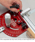 Universal Fit In Dexable Miter Gauge For Table Saw With Micro Adjust Flip Stop and Extended Fence, showing micro-adjustable flip stop.