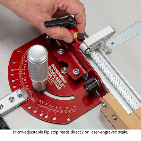 Universal Fit In Dexable Miter Gauge For Table Saw With Micro Adjust Flip Stop and Extended Fence, showing micro-adjustable flip stop.